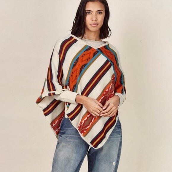 Sol Alpaca Poncho OS Womens Andgyle Orange Cream Striped Pullover Baby Alpaca - Picture 1 of 8